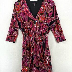 Trina Turk Pink and Black Paisley 3/4 Sleeve V- Neck Mini Dress XL